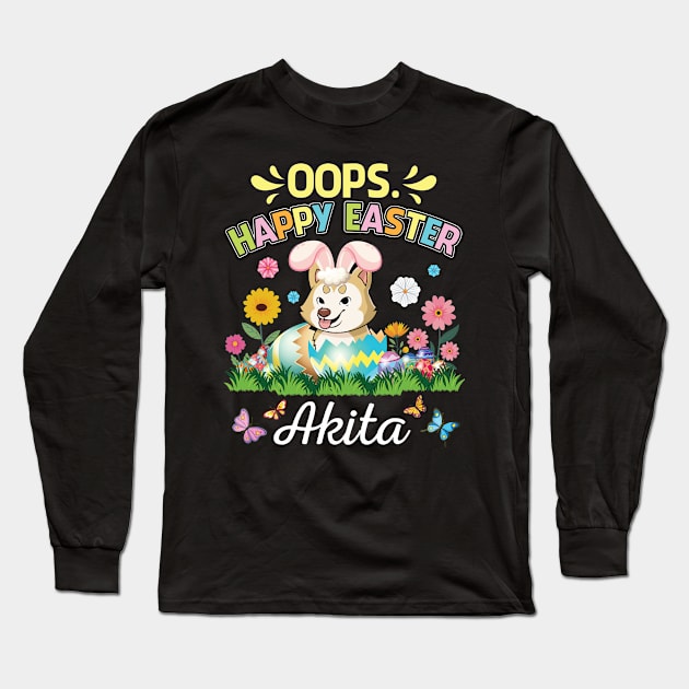 Akita Dog Bunny Costume Playing Flower Eggs Happy Easter Day Long Sleeve T-Shirt by DainaMotteut